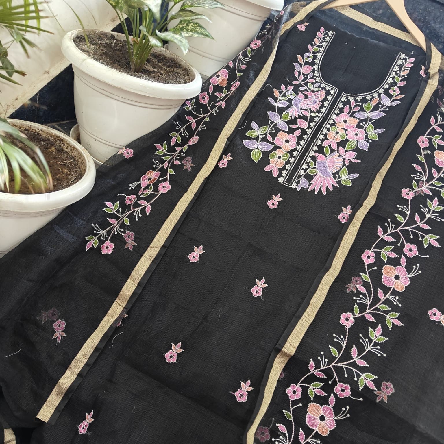 Jet Black Kota Doria Bird Floral Embroidered Suit