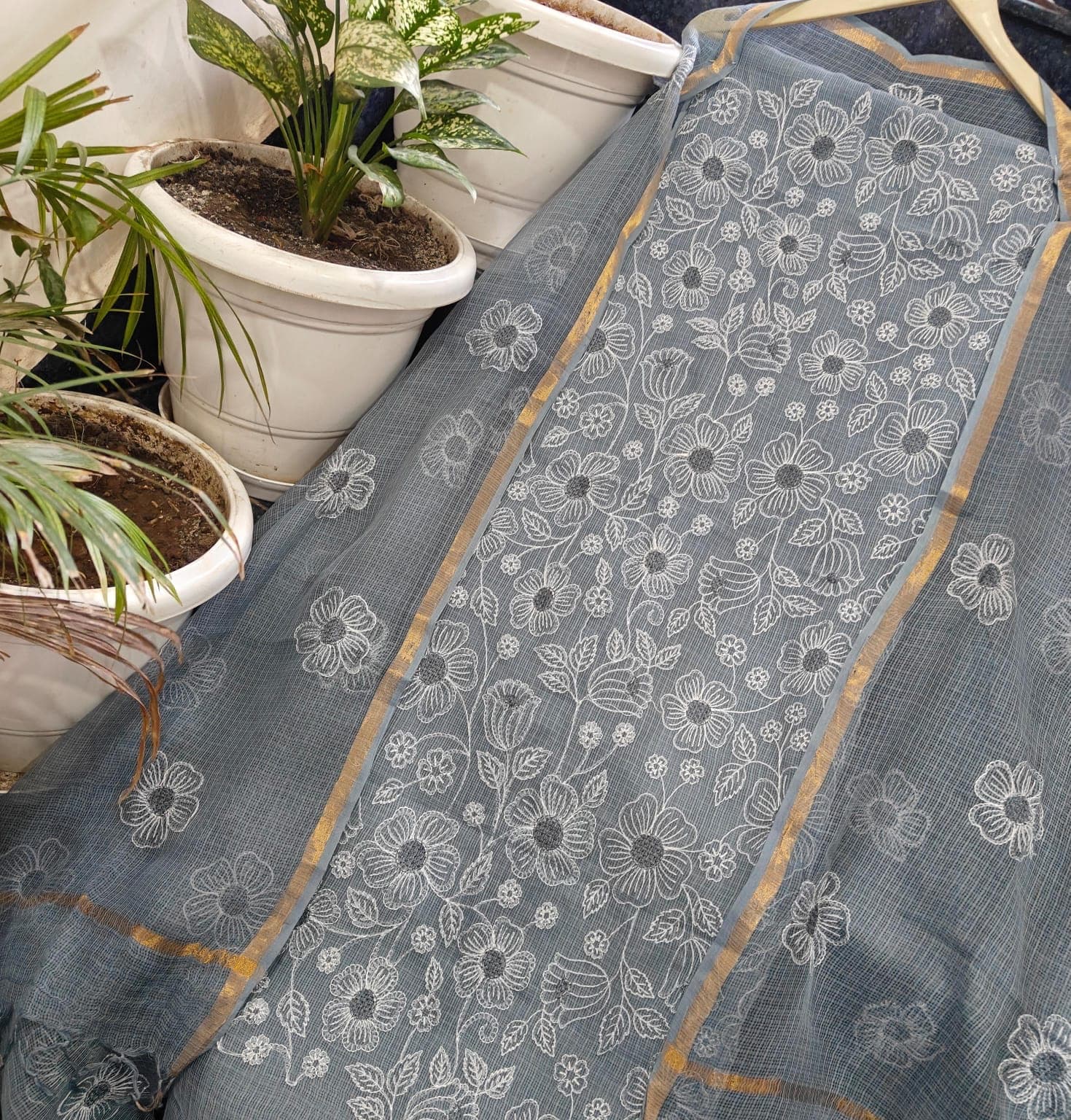 Slate Grey Kota Doria Floral Embroidered Suit
