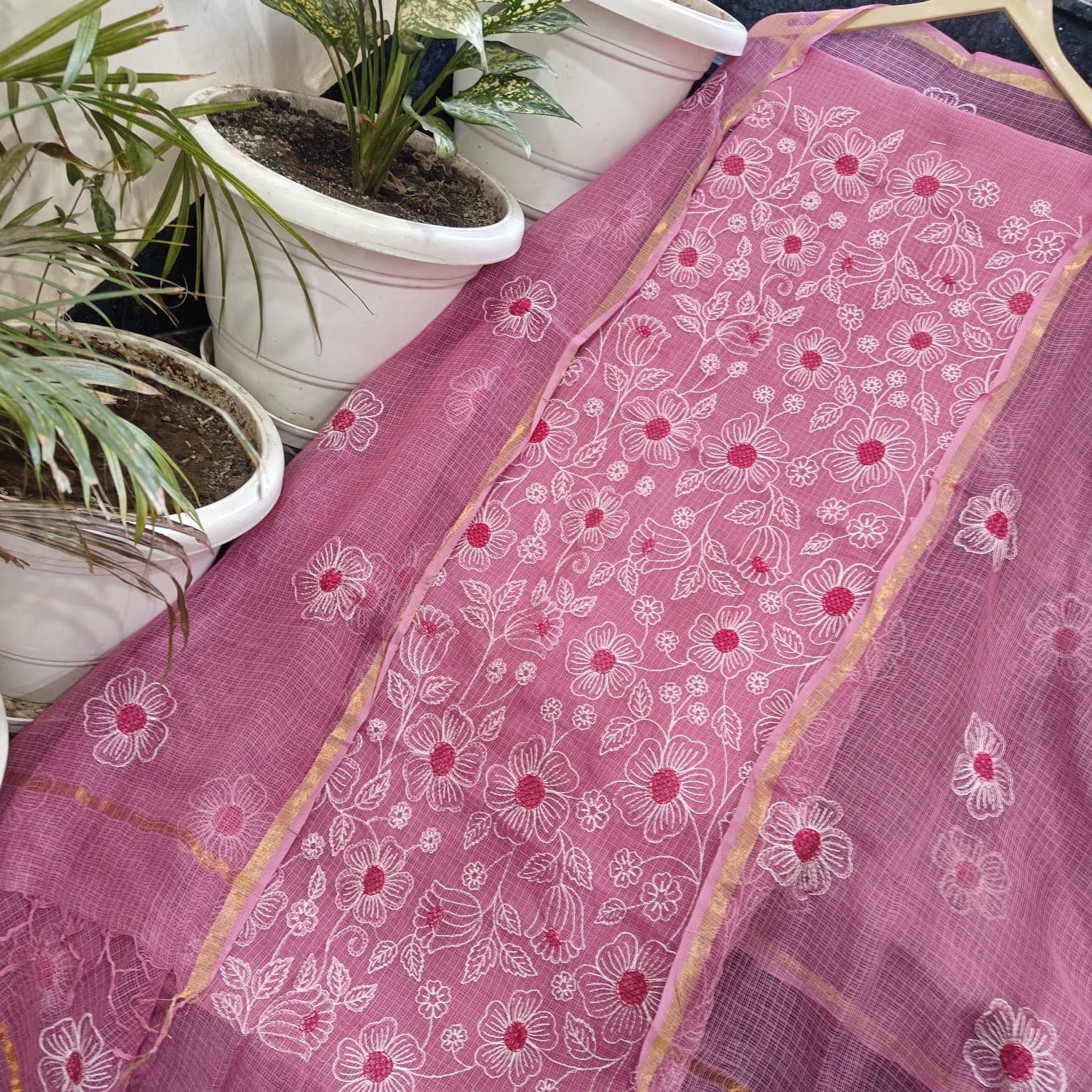 Rose Pink Kota Doria Floral Embroidered Suit